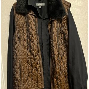 Casual identity brown neck furred vest, over Kenneth Cole collared shirt.